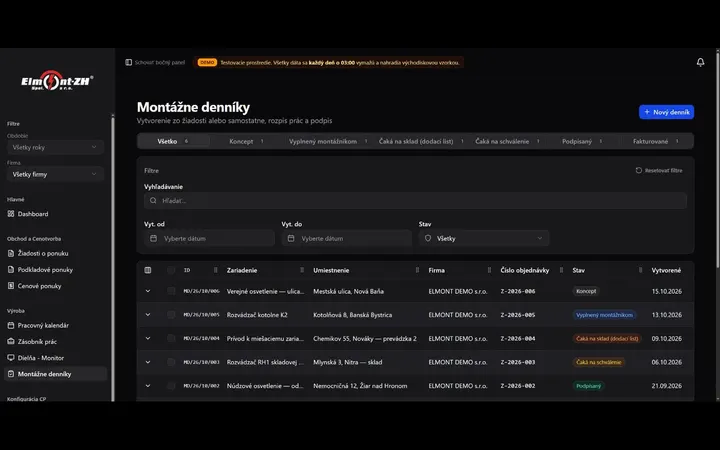 Elmont ZH CRM demo: assembly journals moving from draft through warehouse and approval to signed and invoiced