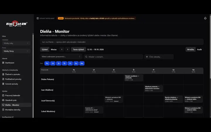 Elmont ZH CRM demo: the workshop monitor with each technician's week