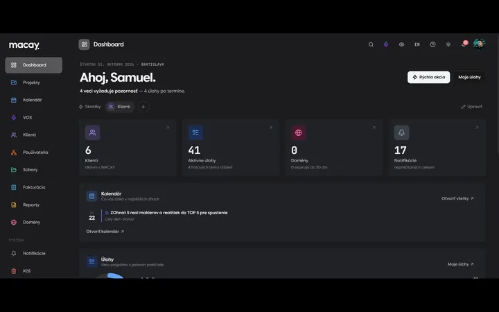 MACAY dashboard with clients, tasks, calendar and notifications