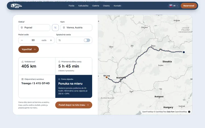 Route calculator from Poprad to Vienna: distance, driving time with breaks and the suggested coach