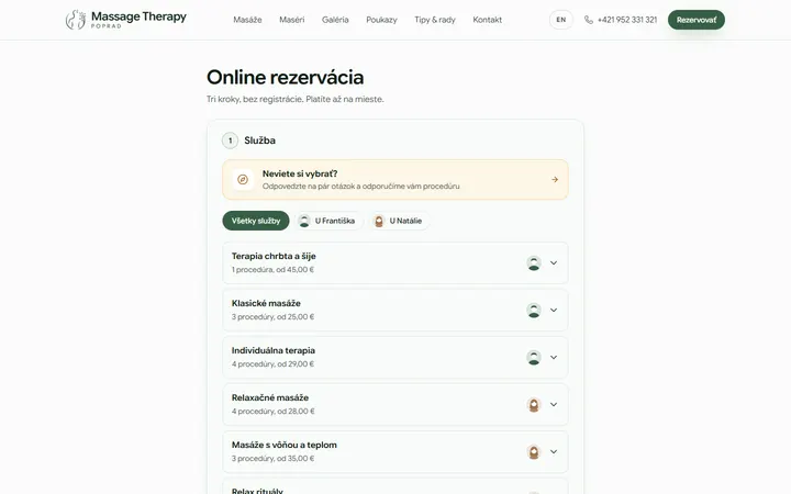 First step of the online booking: choosing a service or a therapist