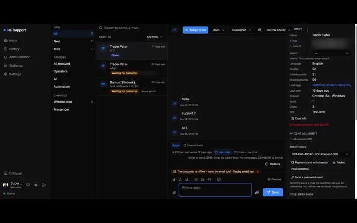 RF Support console: inbox, conversation and the customer panel