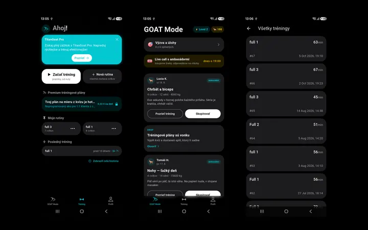 TitanGoat on a phone: training home, GOAT Mode with ambassador workouts and the workout history